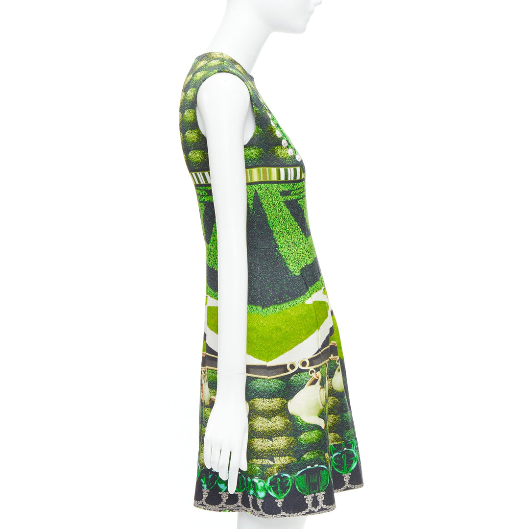 MARY KATRANTZOU 2012 Runway green heart garden party print shift dress UK10 M