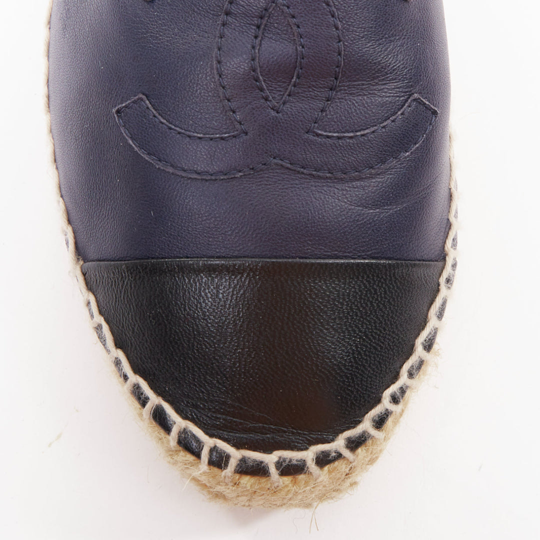 CHANEL navy lambskin leather CC logo applique jute espadrille shoes EU37