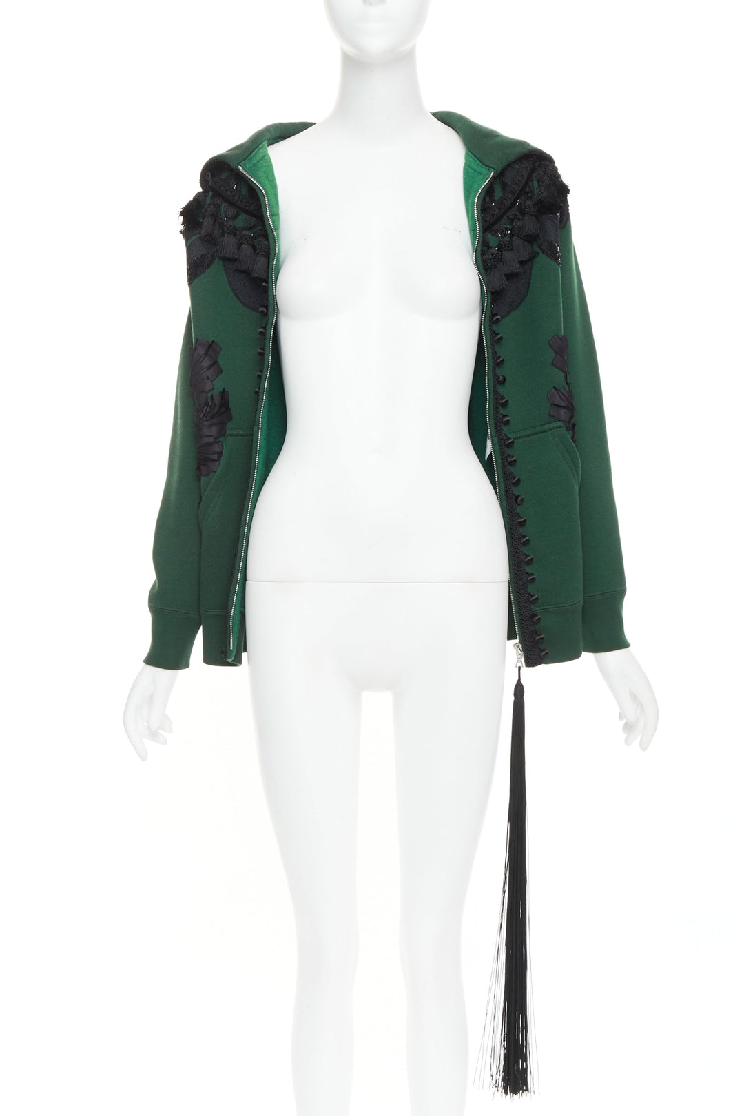 rare MARC JACOBS 2016 green tencel cashmere tassel floral embroidery hoodie XS