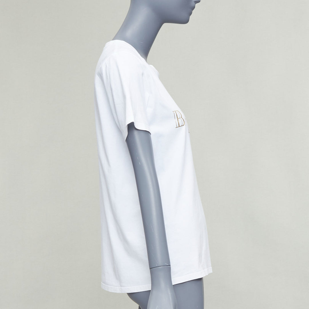 BALMAIN white metallic gold foil logo print button shoulder tshirt FR38 M