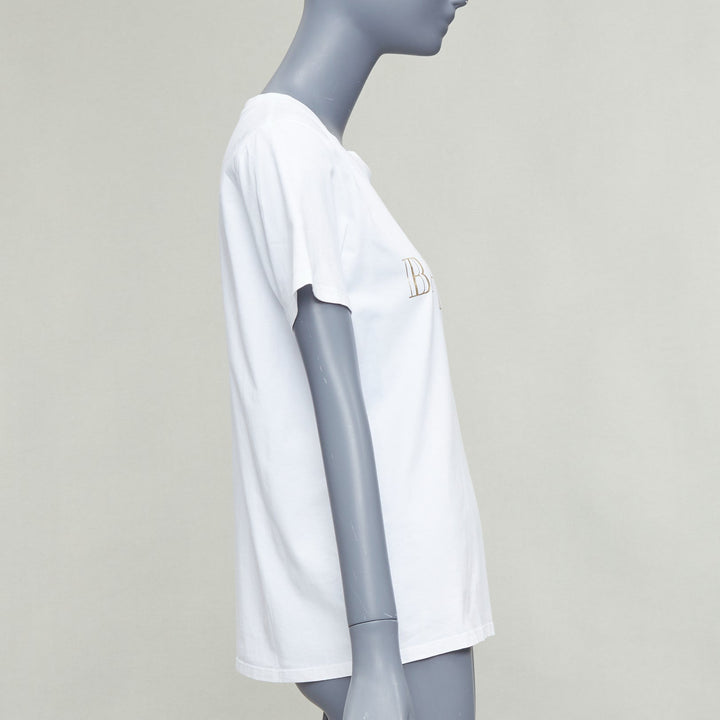 BALMAIN white metallic gold foil logo print button shoulder tshirt FR38 M
