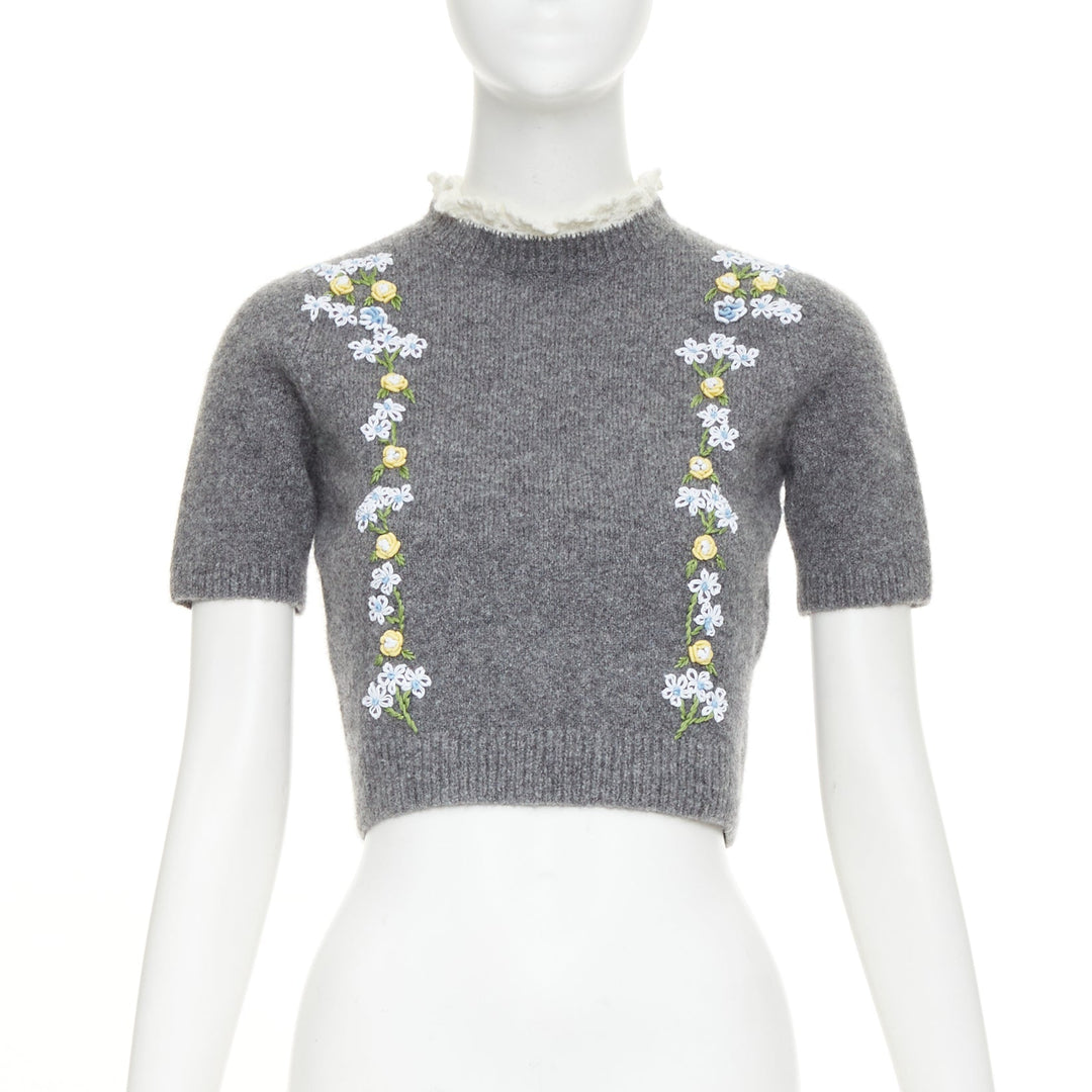 SHUSHU TONG 2024 grey wool embroidered florals lace trim cropped sweater UK6 XS