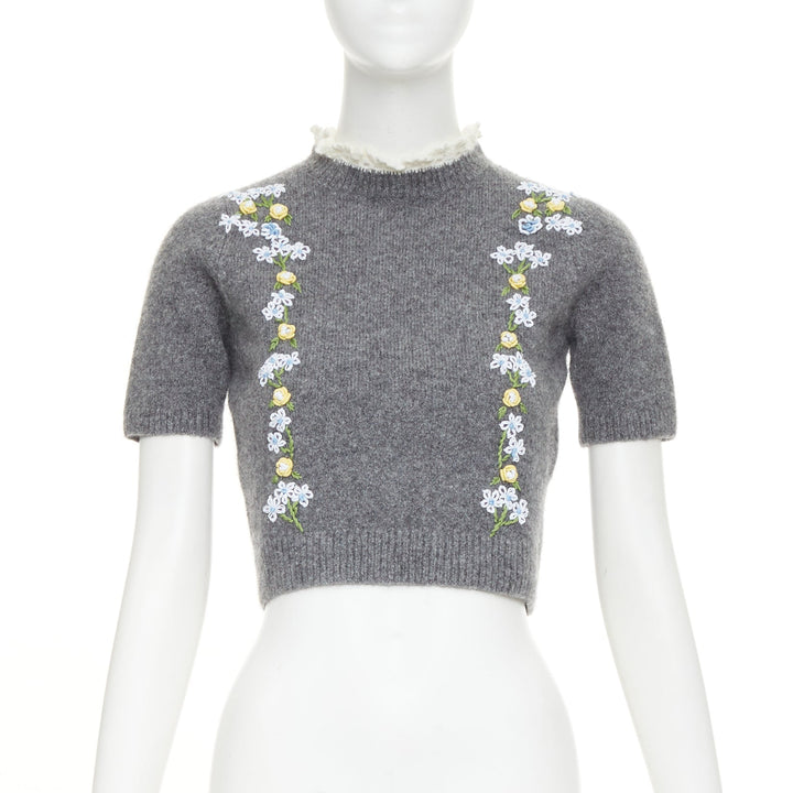SHUSHU TONG 2024 grey wool embroidered florals lace trim cropped sweater UK6 XS