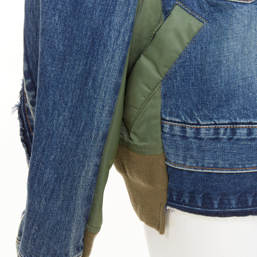 SACAI 2021 blue denim green nylon twill reconstructed hybrid MA-1 jacket JP2 M