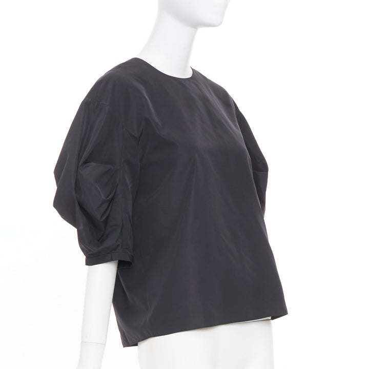 TIBI Italian Sporty Nylon Pleat Sleeve black sculptural balloon blouse US0 XS