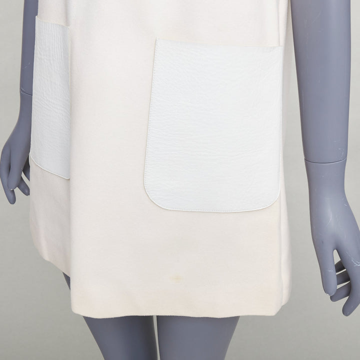 FENDI cream 100% wool leather patch pocket silk lined mini dress IT36 XXS