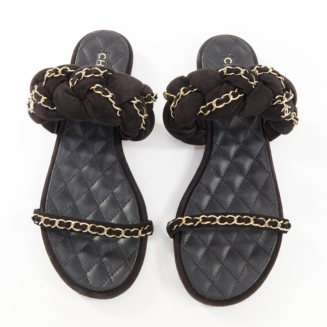 CHANEL 2017 braided suede chain CC logo open toe slip on flat sandals EU37C