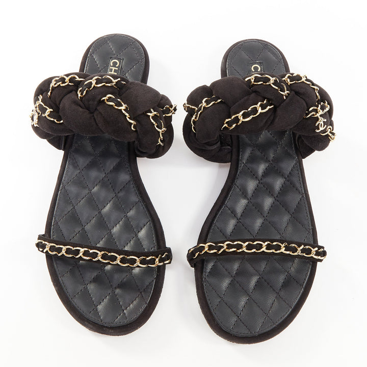 CHANEL 2017 braided suede chain CC logo open toe slip on flat sandals EU37C