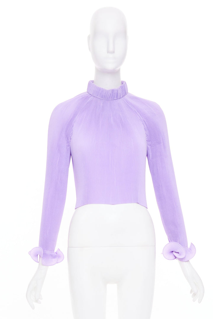 TIBI plisse lilac high neck pleated sleeve cropped cocktail top XS