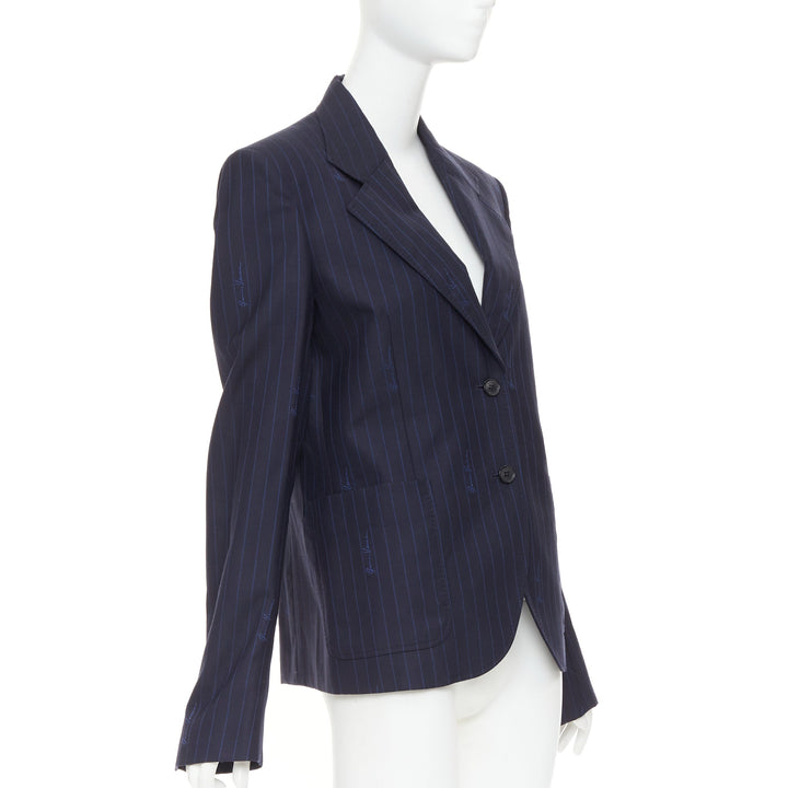 VERSACE navy virgin wool cotton GV Signature pinstripe blazer jacket IT40 S