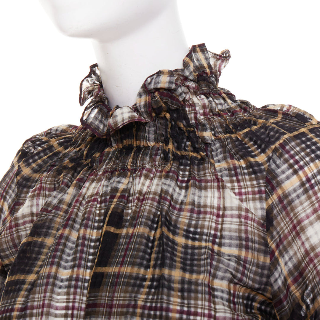 BEAUFILLE brown cotton silk check sheer ruched neck sleeves peasant dress US0 S