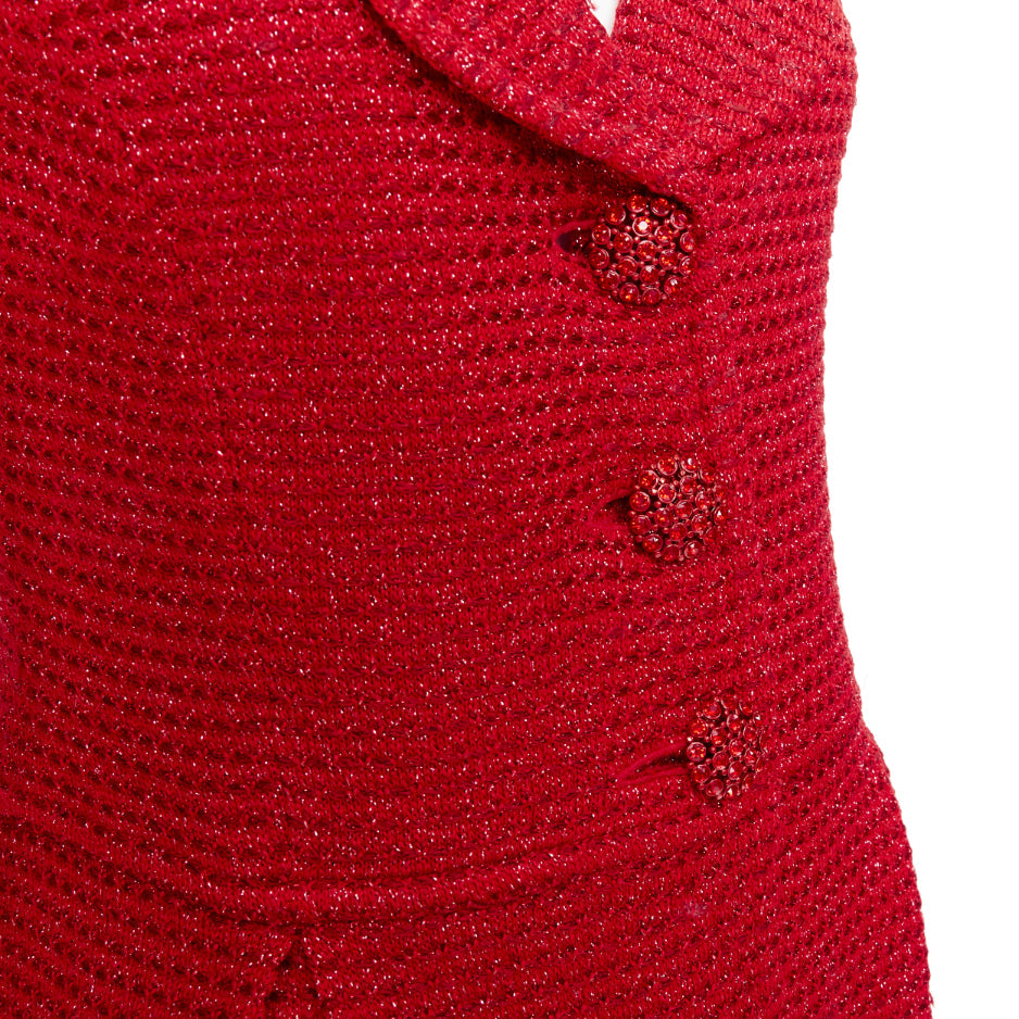ST JOHN COUTURE red metallic tweed knit crystal buttons peplum blazer US6 M