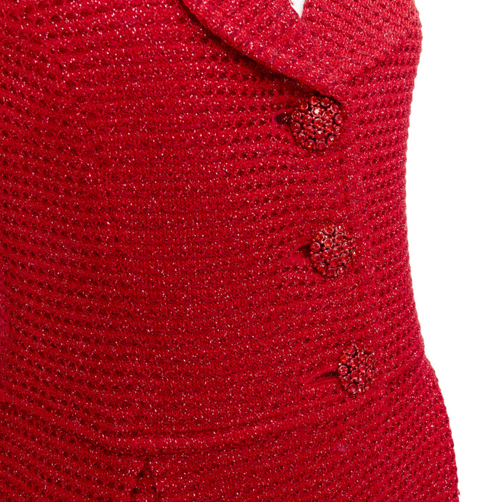 ST JOHN COUTURE red metallic tweed knit crystal buttons peplum blazer US6 M