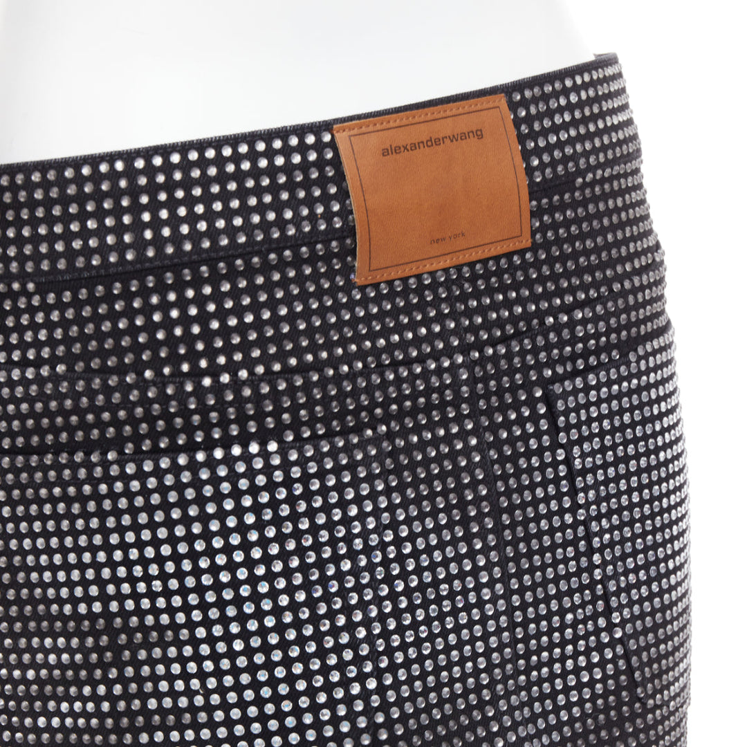 ALEXANDER WANG Hotfix black cotton allover crystal encrusted mini skirt 24"