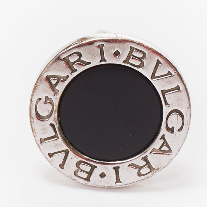 BULGARI 925 sterling silver black round onyx logo back cufflinks