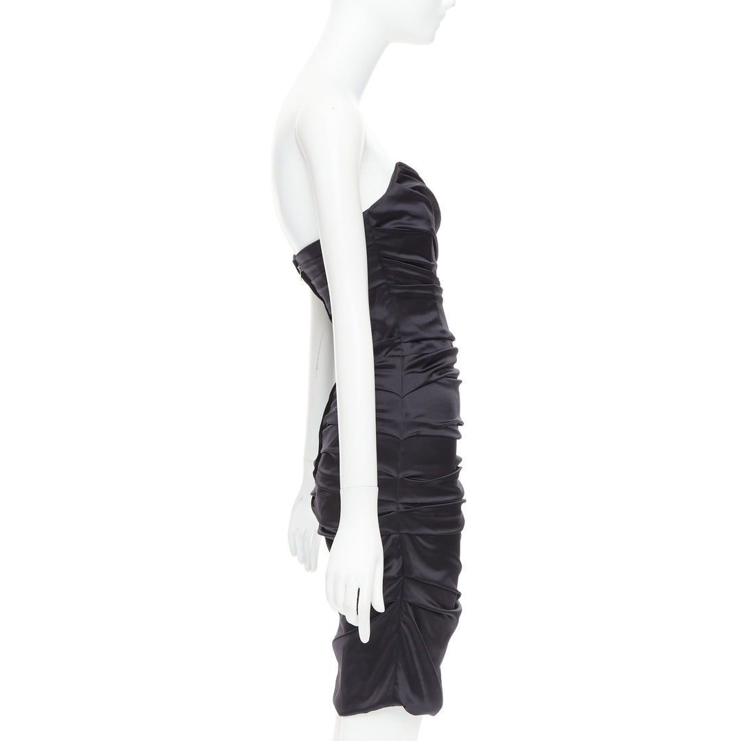 DOLCE GABBANA black silk blend angular bust rushed cocktail dress IT40 S