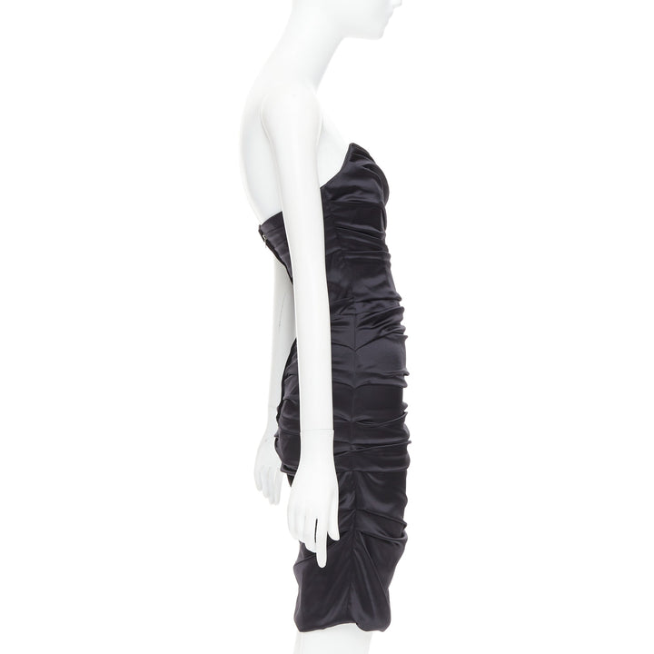 DOLCE GABBANA black silk blend angular bust rushed cocktail dress IT40 S