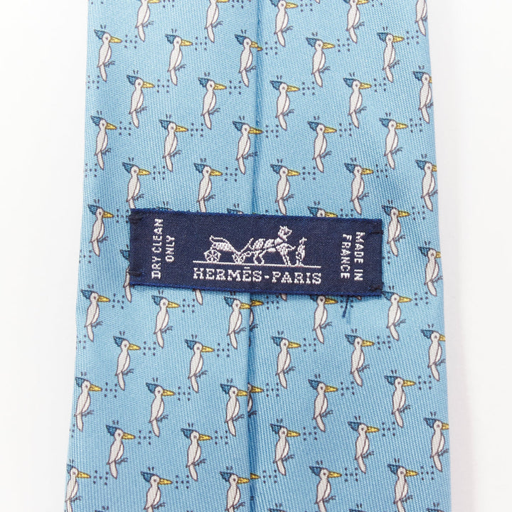 HERMES blue grey 100% silk woodpecker bird print classic formal tie