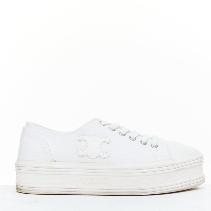 CELINE Jane Low optic white canvas leather triomphe logo platform sneakers EU35
