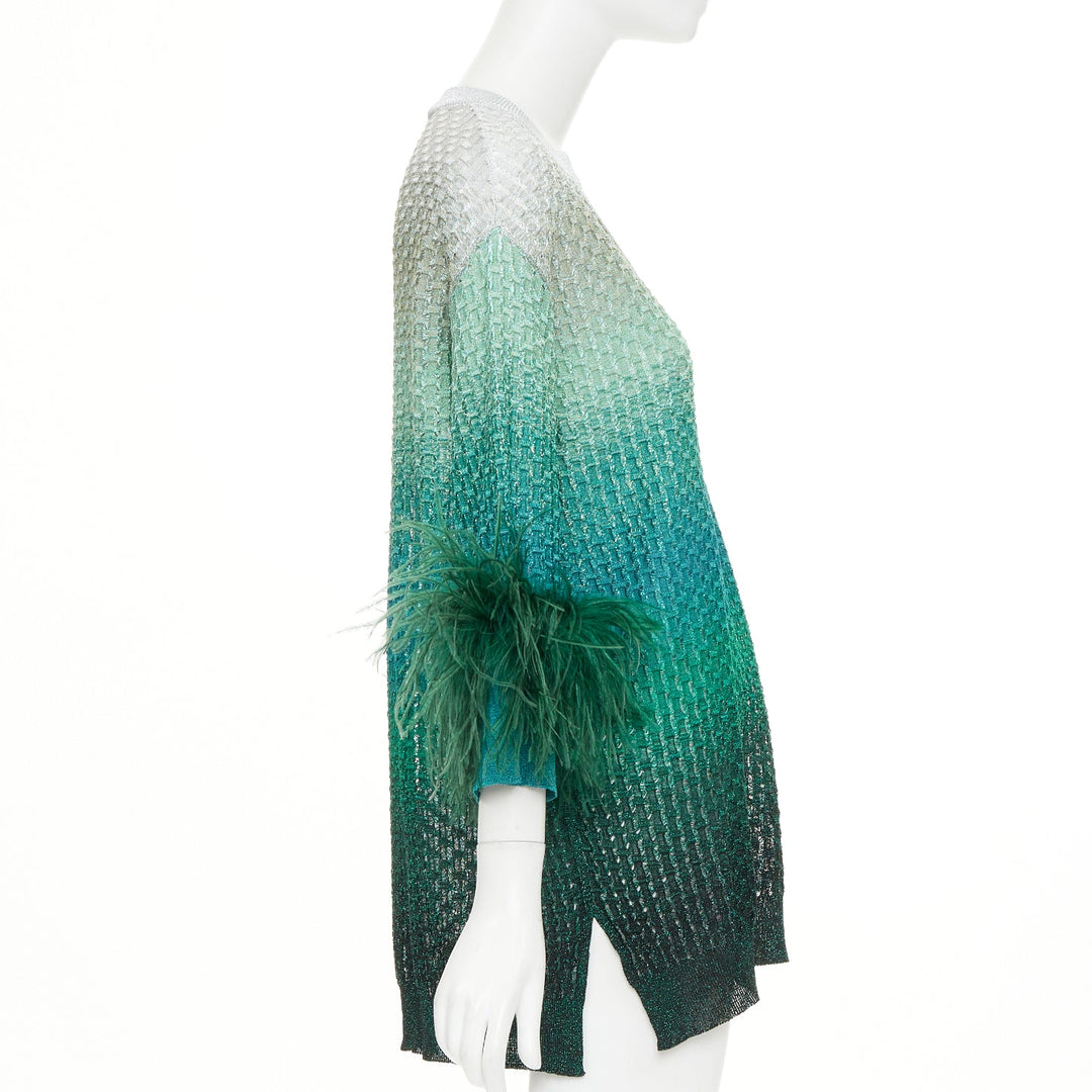 VALENTINO 2023 green grey lurex ombre ostrich feather trim knitted tunic top XS