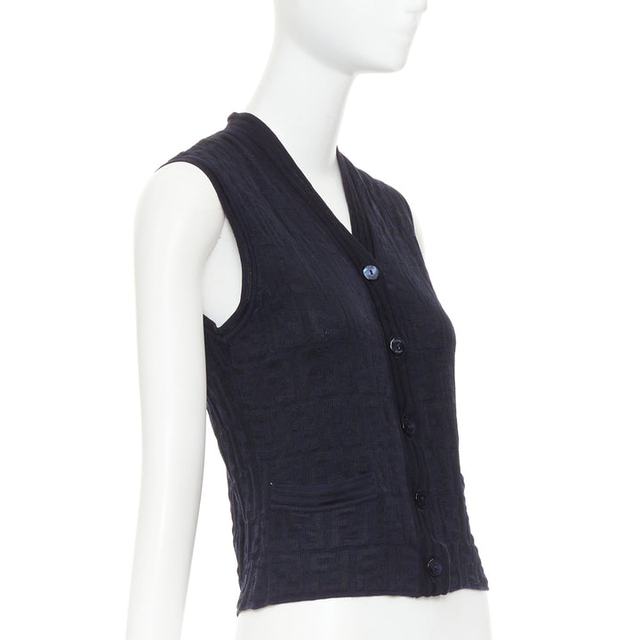 FENDI 1990s Maglia Vintage black navy FF Zucca monogram knit vest top IT40 S