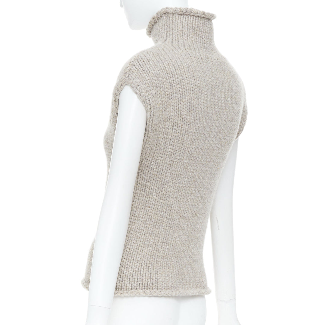 KHAITE taupe beige heavy wool cashmere chunky knit turtleneck sweater vest XS