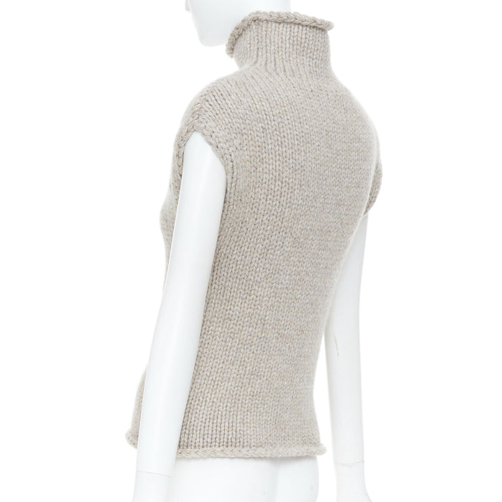 KHAITE taupe beige heavy wool cashmere chunky knit turtleneck sweater vest XS