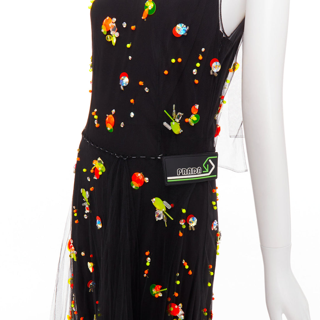 rare PRADA 2018 Runway Abito neon orange black tulle sporty logo dress IT42 M