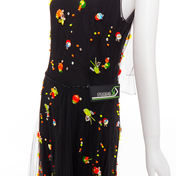 rare PRADA 2018 Runway Abito neon orange black tulle sporty logo dress IT42 M