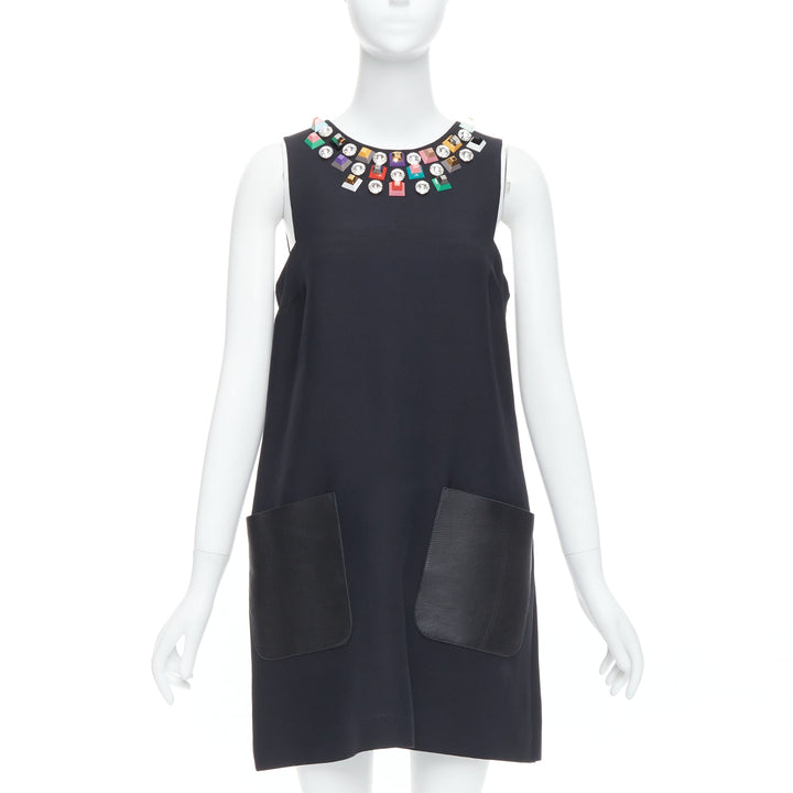 FENDI black multicolour studded rhinestone neckline leather pocket dress IT42 M