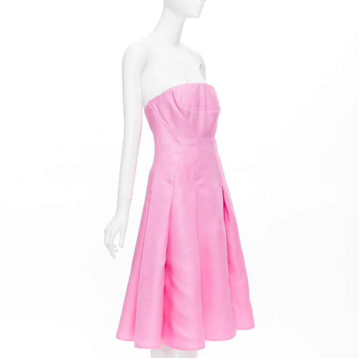 J MENDEL hot pink silk wool darted strapless fit flare knee dress US4 S