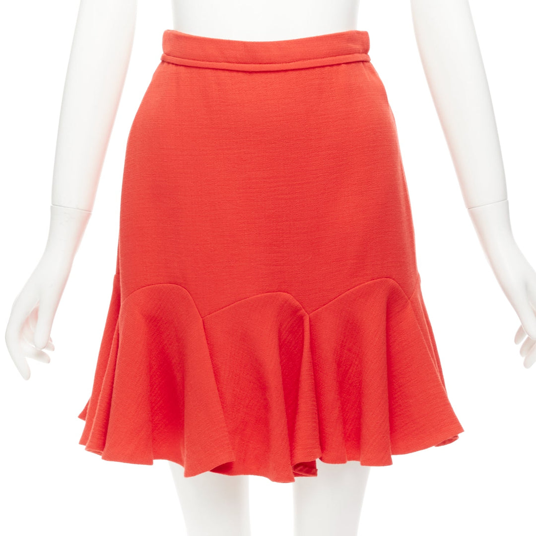 CARVEN coral orange viscose virgin wool frill hem mini skirt IT38 XS