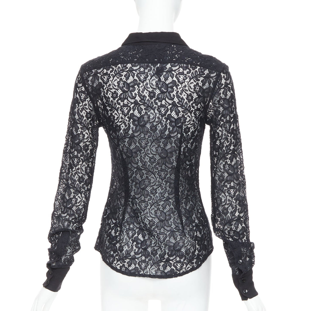 D&G DOLCE GABBANA Vintage black cotton silk floral lace sheer shirt IT38 XS