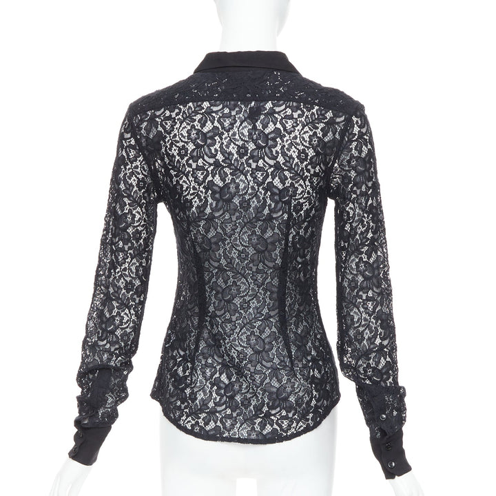 D&G DOLCE GABBANA Vintage black cotton silk floral lace sheer shirt IT38 XS