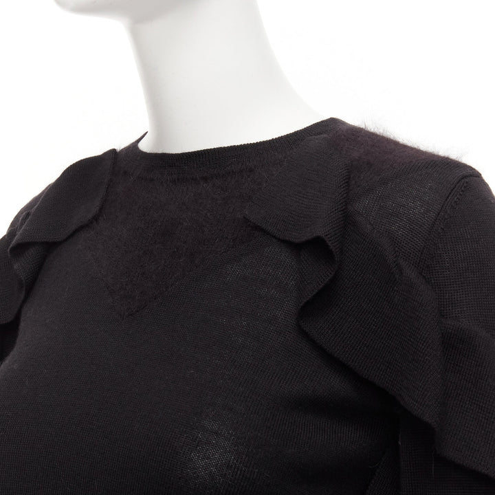VIKTOR & ROLF black virgin wool silk cashmere sides ruffle cropped sweater XS
