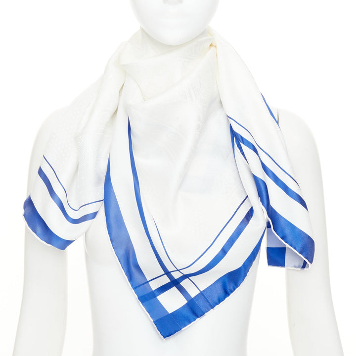 HERMES 90cm tone on tone damask white royal blue stripe frame border silk scarf