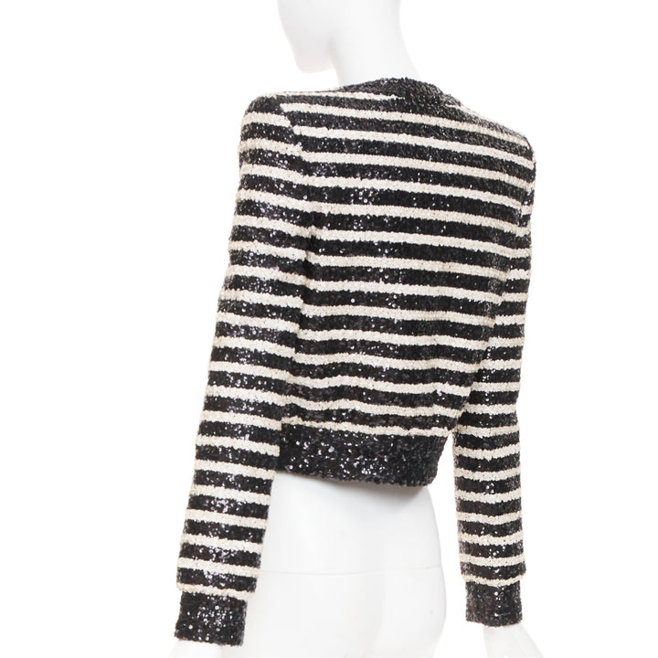 BALMAIN 2024 stripe sequined v neck lion button cropped evening jacket FR34 XS
