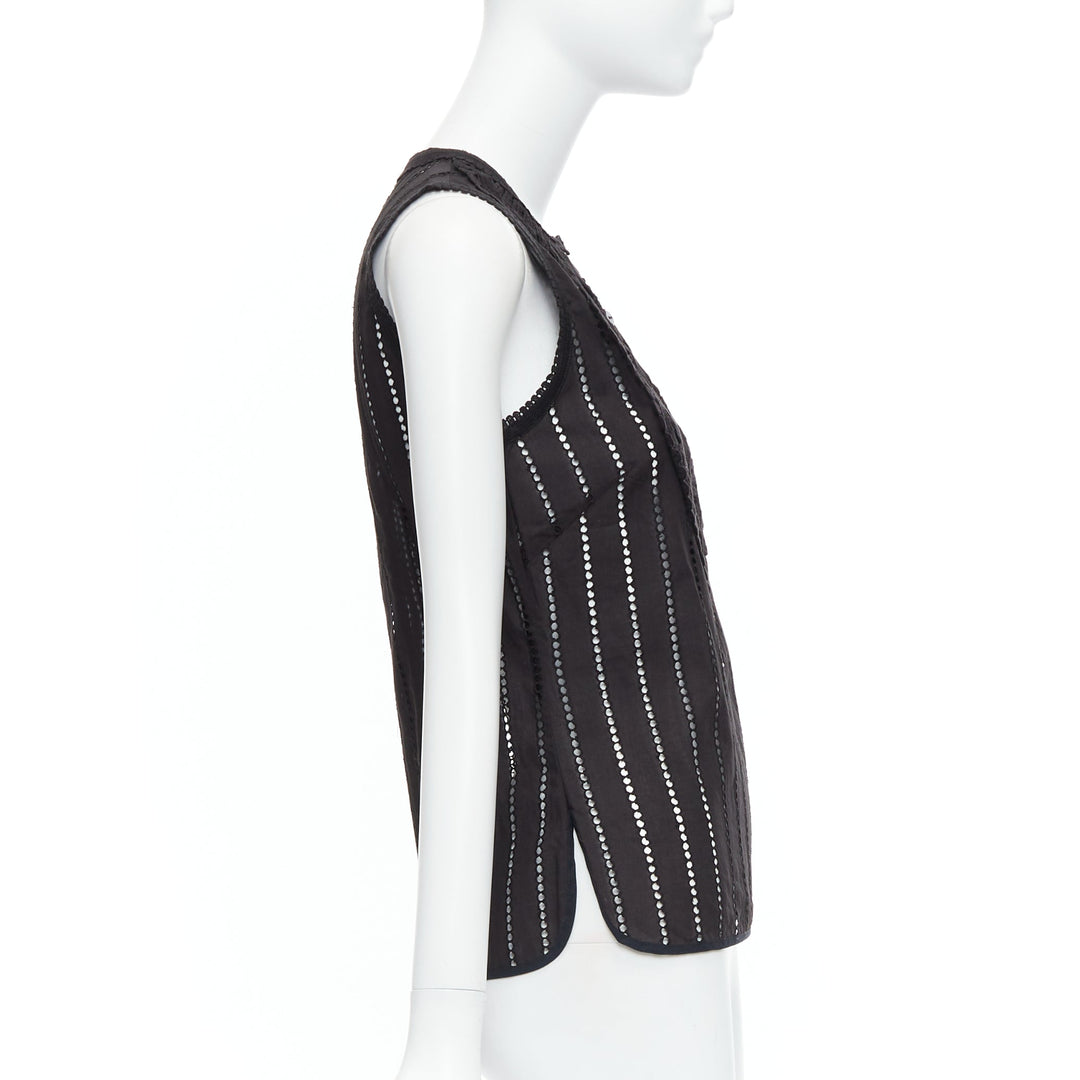 ANDREW GN black eyelet lace lattice geometric buttons sleeveless top FR38 M