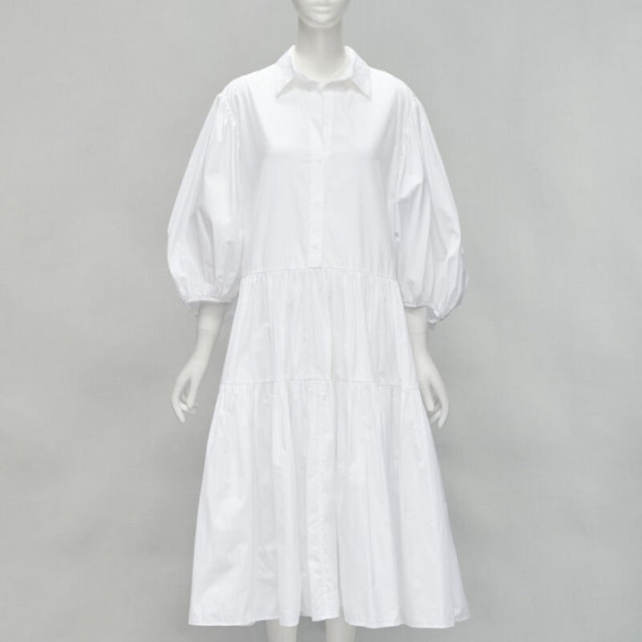 CECILIE BAHNSEN Amy white cotton poplin tiered shirred flared moumou dress UK6 S