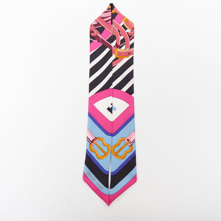 HERMES Coaching  Twilly hot pink blue gold buckles handbag skinny scarf