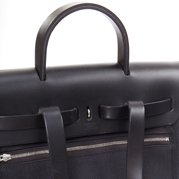 HERMES Herbag A Dos Backpack 2-in-1 black toile canvas vache calfskin bag