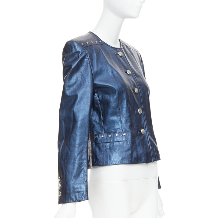 ESCADA Vintage 1980s Starry Night metallic blue leather stud jacket FR34 S