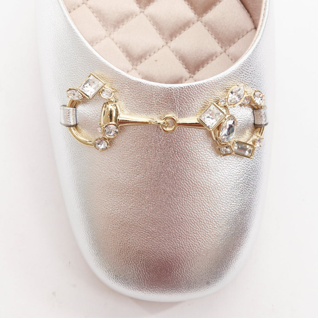 GUCCI silver metallic leather gold crystal horsebit buckle slipper heels EU37