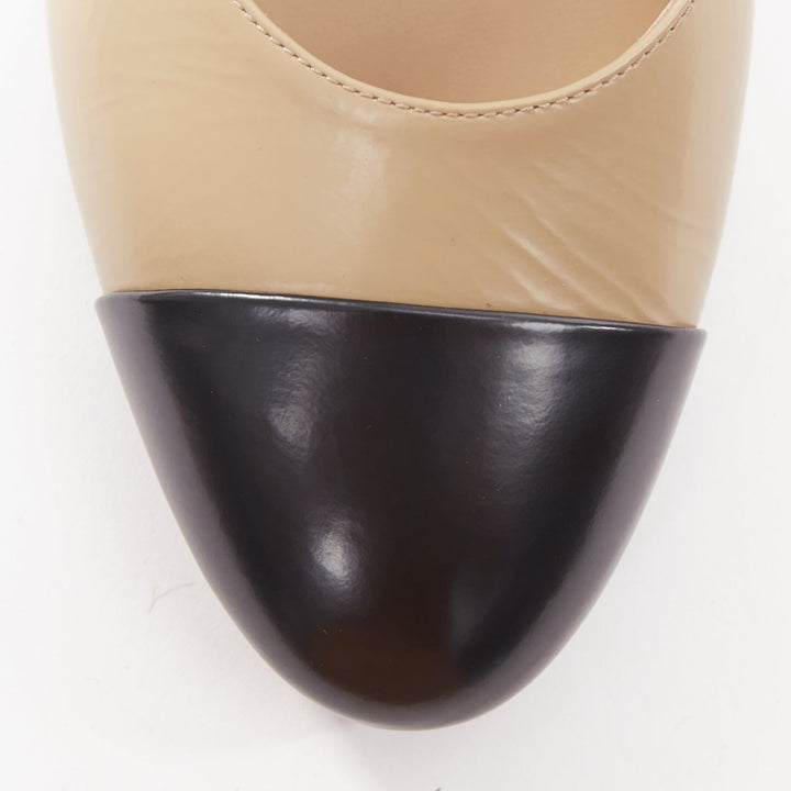 CHANEL 2024 beige leather black cap toe CC block heel mary jane flats EU39.5