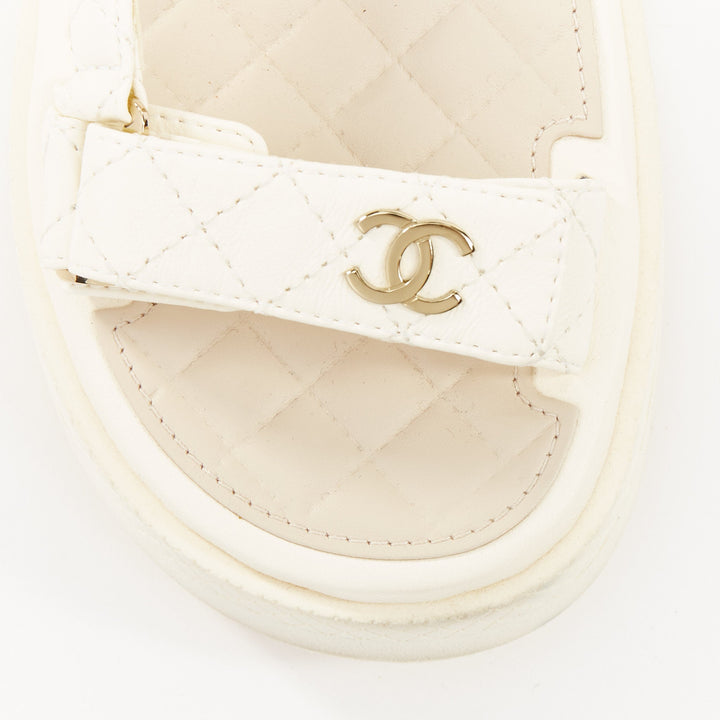 CHANEL 2023 white quilted canvas CC logo flatform strappy dad sandals EU38