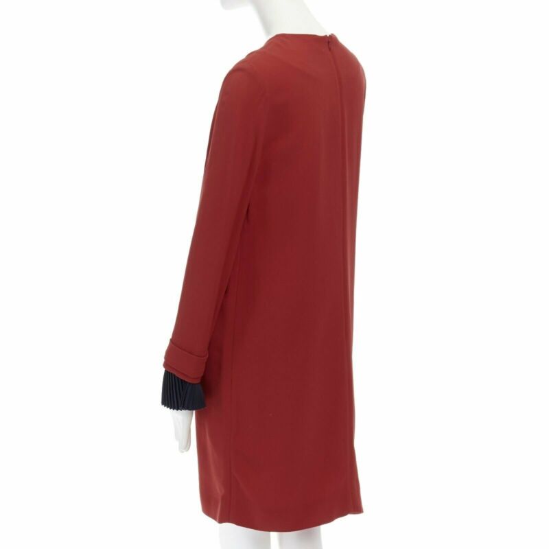 VVB VICTORIA BECKHAM red crepe navy pleated cuff long sleeves dress UK10 M