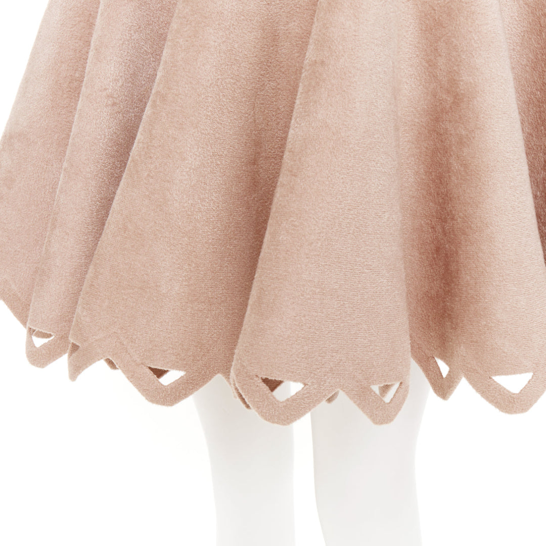 ALAIA nude beige wool velour laser cut hem flared skater skirt FR38 M