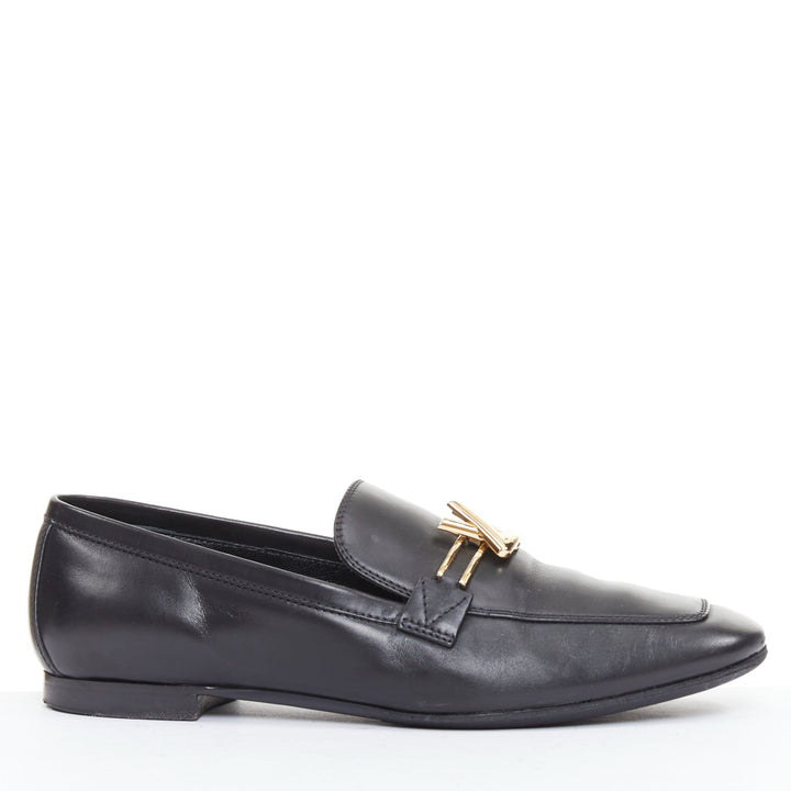 LOUIS VUITTON Upper Case flat black lambskin gold LV bar flat loafers EU36.5