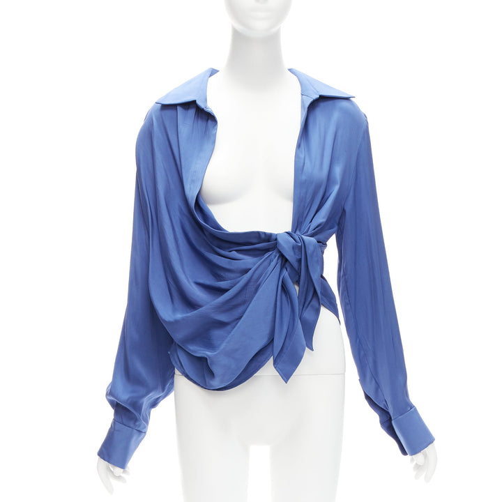 JACQUEMUS Le Collectionneuse blue plunge knot drape asymmetric blouse FR34 XS
