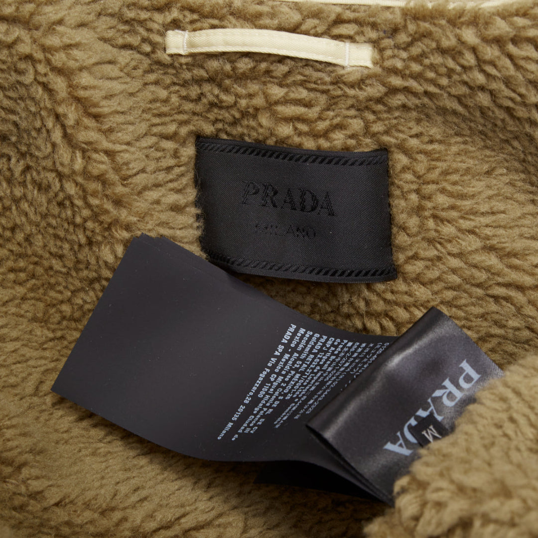 PRADA 2023 Runway shearling trim canvas hooded cropped bomber jacket IT48 M